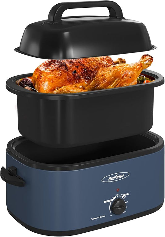 Sunvivi Electric Roaster, 24 Quart Electric Roaster Oven with Glass Lid, Turkey Roaster Oven Buffet with Self-Basting Lid, Removable Pan, Cool-Touch Handles, Blue