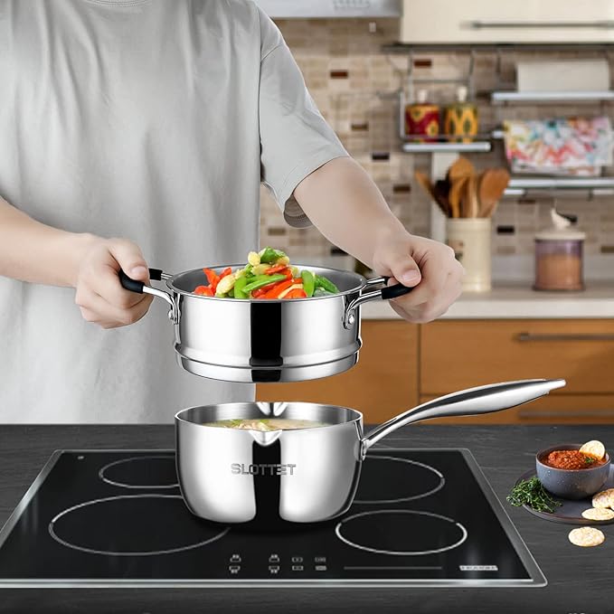 Tri-Ply Full Body Stainless Steel Sauce Pan with Steamer,1.5 Quart Small Multipurpose Pasta Pot with Strainer Glass Lid, Saucepan with Pour Spout for Cooking Stay-cool Handle.