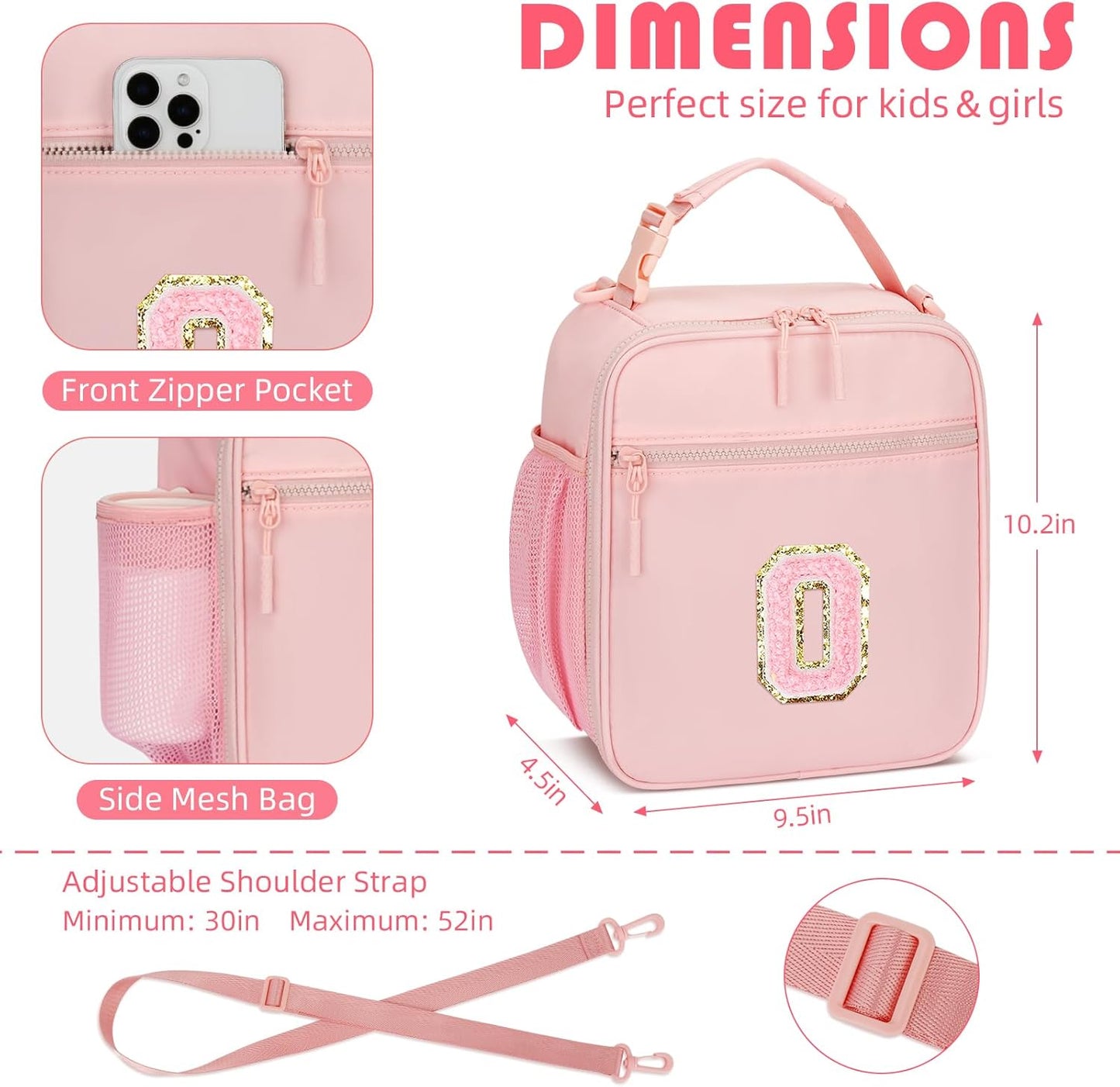 Initial Insulated Lunch Bag for Girls Kids, Back to School Gift, Reusable Leak-proof Lunch Box with Adjustable Strap for School Daycare Travel Picnic (Pink,O)