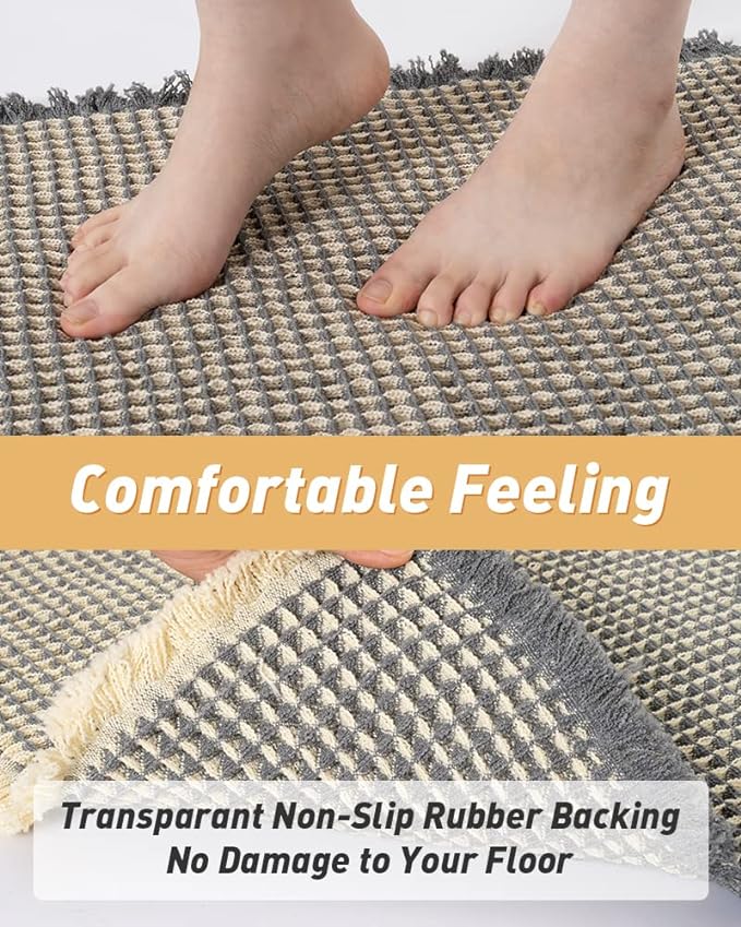 AMOAMI Upgraded Waffle Runner Rug Super Absorbent Non Slip Bath Mats for Bathroom Washable Bathroom Runner Rug with Tassels, Ideal for Hallway Bedroom Laundry Room, Dark Grey & Yellow, 17" x 60"