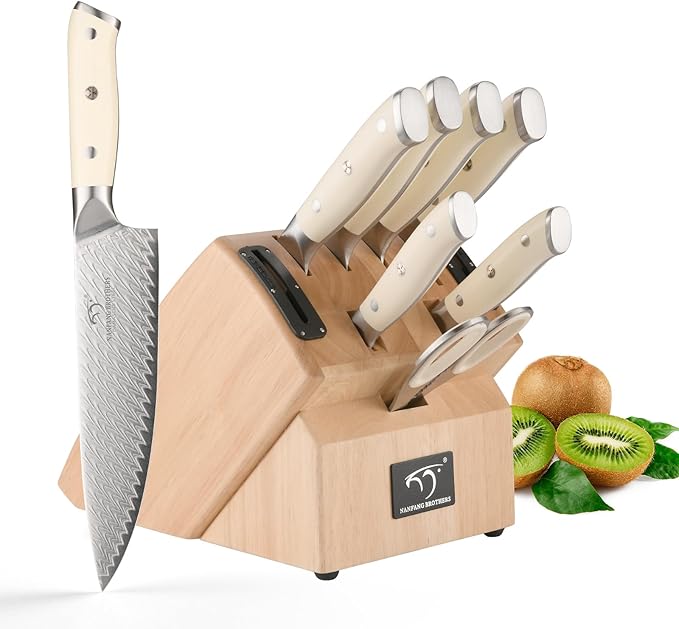 NANFANG BROTHERS Damascus Knife Sets, 10 Pieces for Kitchen with Block, Kitchen Knife Set with Block, ABS Ergonomic Handle for Chef Knife Set and Kitchen Shear
