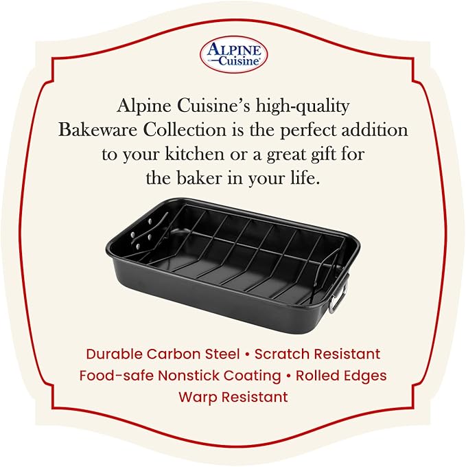 Alpine Cuisine Turkey Roaster Pan with Rack 16-Inch - Nonstick Coating Carbon Steel Pan - Black & Heavy Duty Roasting Pan - Easy to Clean, Multipurpose Use - Durable & Dishwasher Safe
