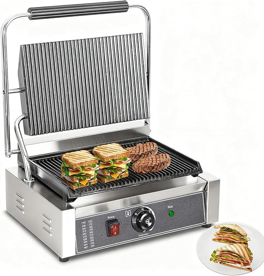 CTJ Commercial Panini Press Stainless Steel Electric Sandwich Panini Maker 2200W Countertop Panini Grill Press with Grooved Top & Temp Control for Sandwich Hamburger Steak Bacon
