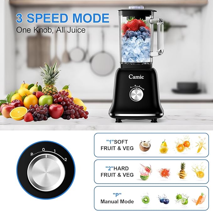 Camic 750W Professional Blender,6-Cup Glass Jar Blender for Smoothies and Shakes with 6 Sharp Stainless Steel Blades,Ice Crush Function,for Juice,Puree, Soup(OnyxBlack)