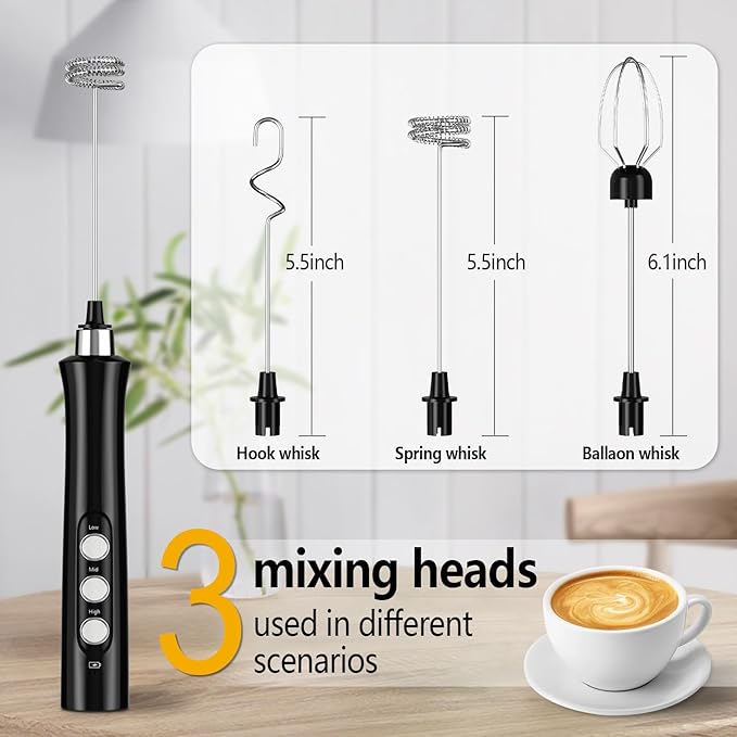 FITNATE Rechargeable Milk Frother with Stand, Handheld Milk Frother with 3 Stainless Whisks, 3 Speeds Drink Mixer Foam Maker for Coffee, Latte, Cappuccino, Hot Chocolate, Egg