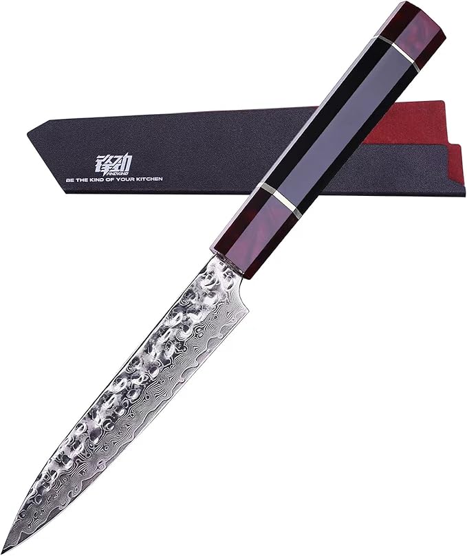 FINDKING 5 Inch Kitchen Utility Knife with ABS sheath, Multi-Purpose Japanese Paring Knife, Damascus Steel Blade, Resin Octagonal Handle, Small, for Fruits Vegetables (Eternity Series)