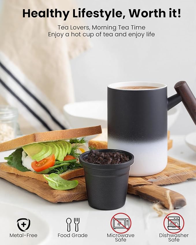 15 OZ Porcelain Tea Infuser Cup with Lid,Ceramic Tea Mug with Porcelain Strainer for Loose Leaf,Tea Strainers Cup with Wood Handle,BPA-Free,Gifts for Tea's Lover (Gradient Black)