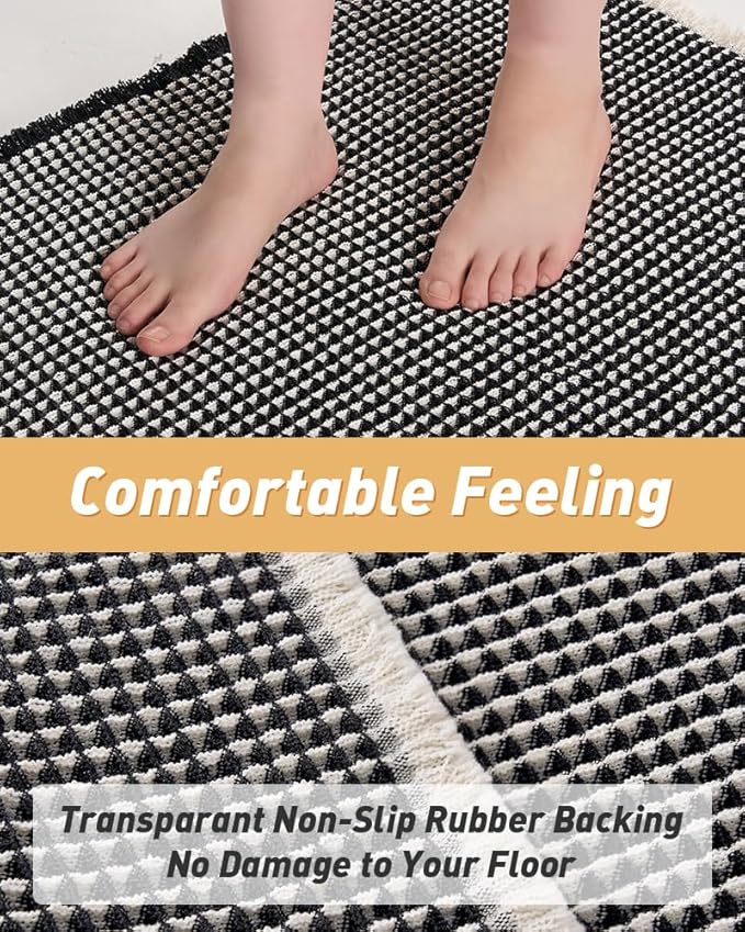 AMOAMI Upgraded Waffle Runner Rug Super Absorbent Non Slip Bath Mats for Bathroom Machine Washable Bathroom Runner Rug with Tassels, Ideal for Hallway Bedroom Laundry Room, 17" x 48", Black & Cream