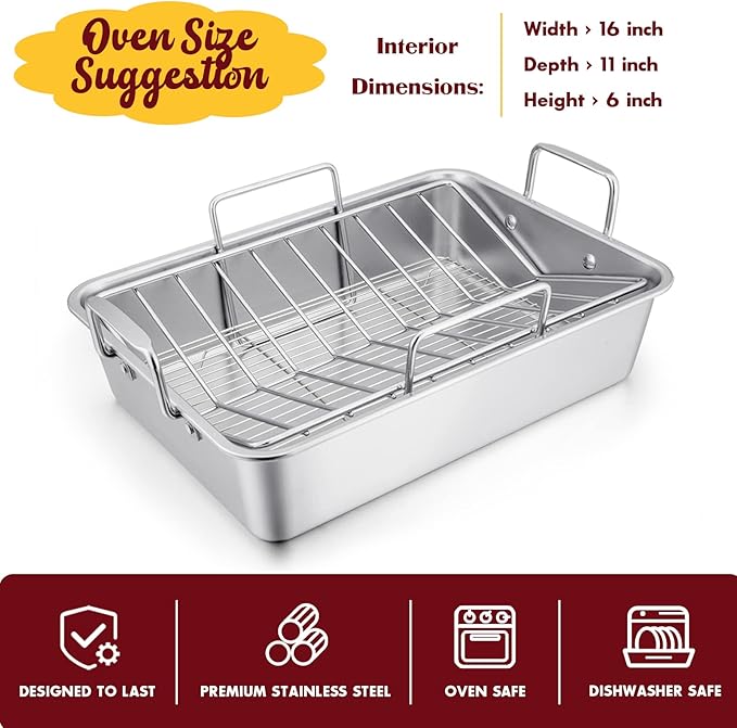 E-far 14 x 10.6 Inch Roasting Pan, Stainless Steel Turkey Roaster with V Rack & Baking Rack Set, Small Heavy Duty Deep Broiling Pan for Oven Cooking Lasagna Meat Chicken - Dishwasher Safe