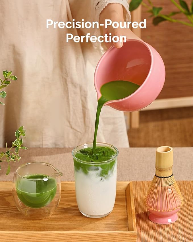 Maestri House Matcha Whisk Set, 7 Pcs Ceramic Matcha Kit with Spouted Bowl, Matcha Whisk & Holder, Bamboo Scoop, Scoop Rest, Sifter & Cloth – Complete Matcha Gift Set for Beginners & Tea Lovers(Pink)