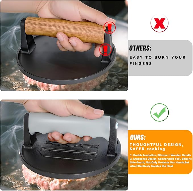 Smash Burger Press 6.7-Inch Round Cast Iron Grill Press with Ergonomic Silicone Handle – Heavy-Duty Bacon with Unique Burger Design for Even Grilling