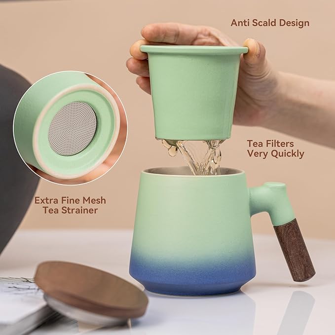 Tea Cup with Infuser and Lid 14oz - Kiln-Fired Ceramic Mug with Turquoise-Blue Gradient, Wood Lid & Handle Loose Leaf Tea Set, Anniversary Birthday Gift
