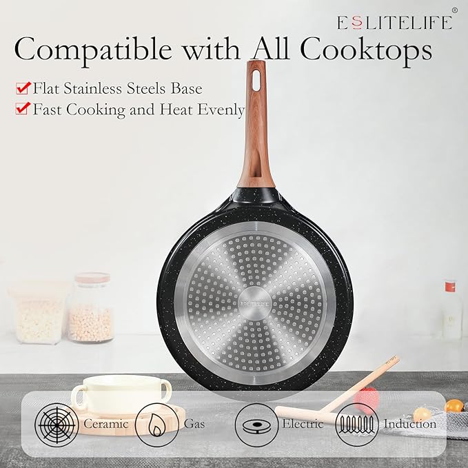 ESLITE LIFE 11 Inch Crepe Pan with Spreader, Nonstick Ceramic Flat Skillet Dosa Tawa Comales Para Tortillas Pancake Pan, PTFE & PFOA Free, Black