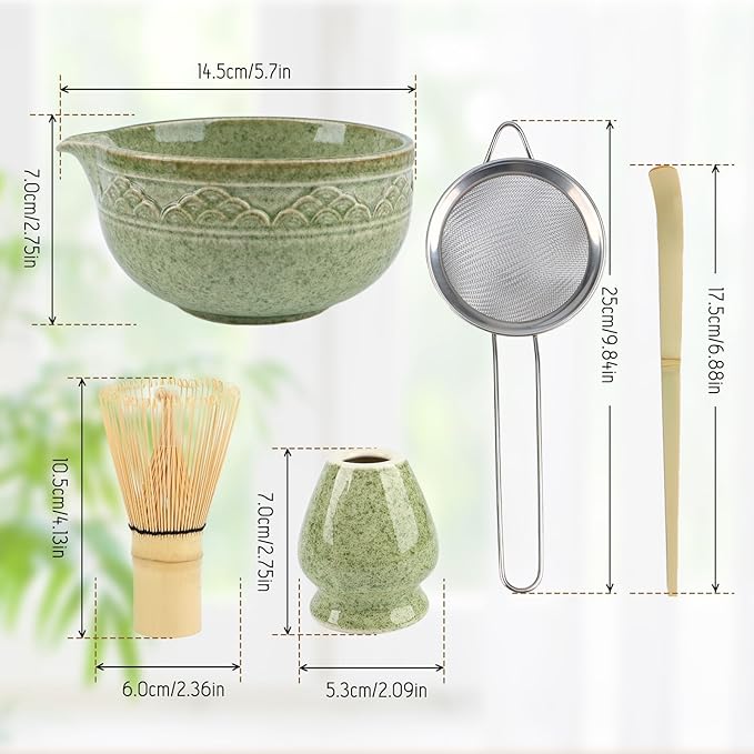Japanese Matcha Whisk Set, 5-Piece Ceramic Chawan Bowl & Bamboo Whisk (Chasen) Kit | Complete Set for Traditional Matcha Making at Home, Ideal Gift for Tea Lovers (Green)