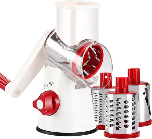 Rotary Cheese Grater Hand Crank, 3 in 1 Round Mandoline Slicer Potato Shredder Speed Vegetable Grinder for Nuts, Carrot, Hashbrown, Walnut, Cucumber, Chocalate (White Red)
