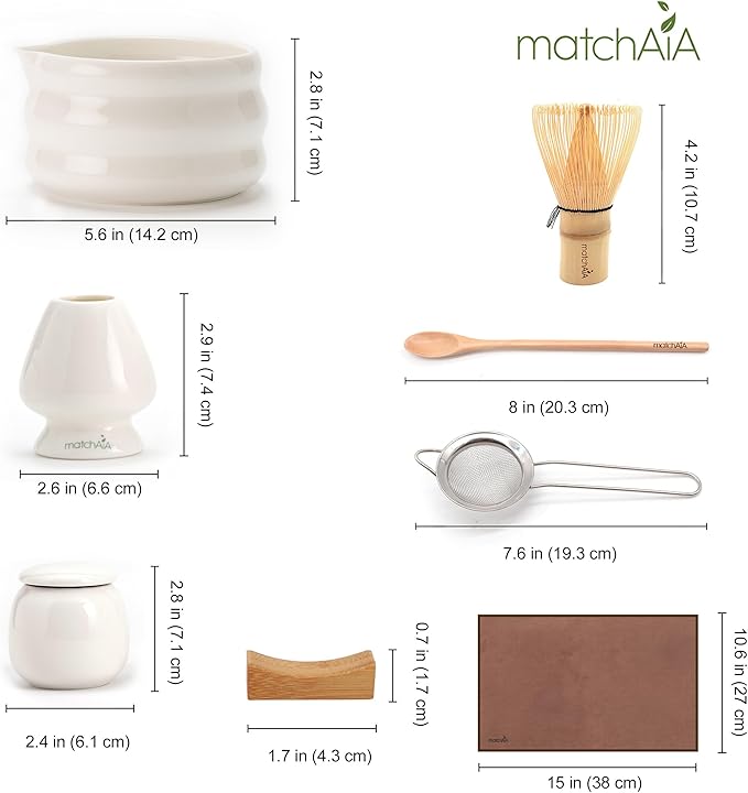 Matcha Whisk Set - Ceramic Bowl, Bamboo Whisk with Holder, Storage Canister, Sifter, Schima Spoon with Rest, Tea Towel - 8 Pcs Complete Kit for Traditional Matcha and Modern Lattes (White)