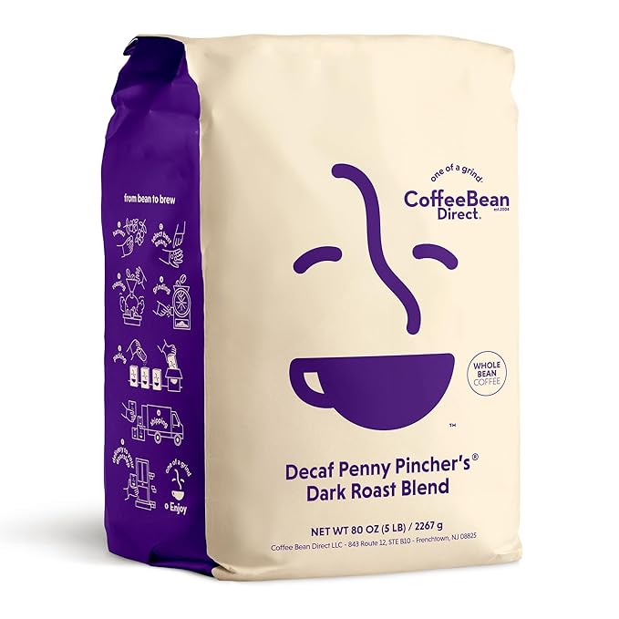 Coffee Bean Direct Decaf Penny Pincher's® Dark Roast Blend, Whole Bean Coffee, Dark Roast, 5 Pound Bag (Pack of 1)