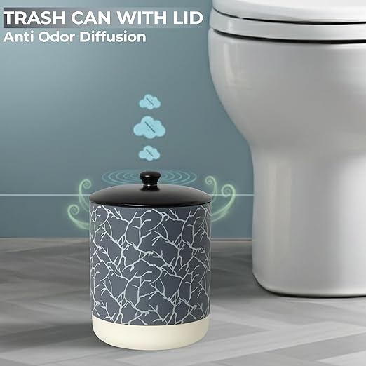 Escenzy Black Textured Bathroom Trash Can with Lid 5L | 7" x 10" | High End Small Garbage Can | Luxury Ceramic Waste Basket for Bathroom, Bedroom, Kitchen, Hotels or Living Room Decor | Ideal Gift