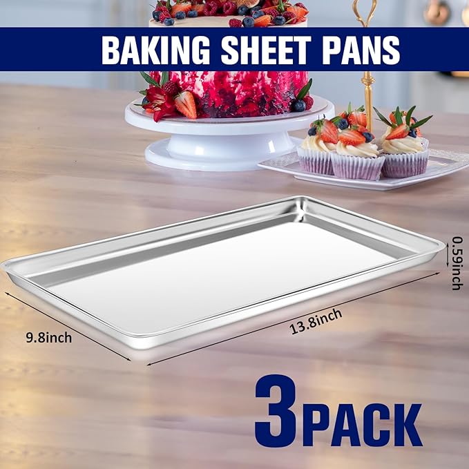 3 Pcs Baking Sheet Pan Set 13.8 × 9.8 × 0.6 Inches Cookie Sheet Large Toaster Oven Pans Stainless Steel Tray Barbecue Grill Pan Rectangle Trays Oven, Non-Stick, Easy Clean