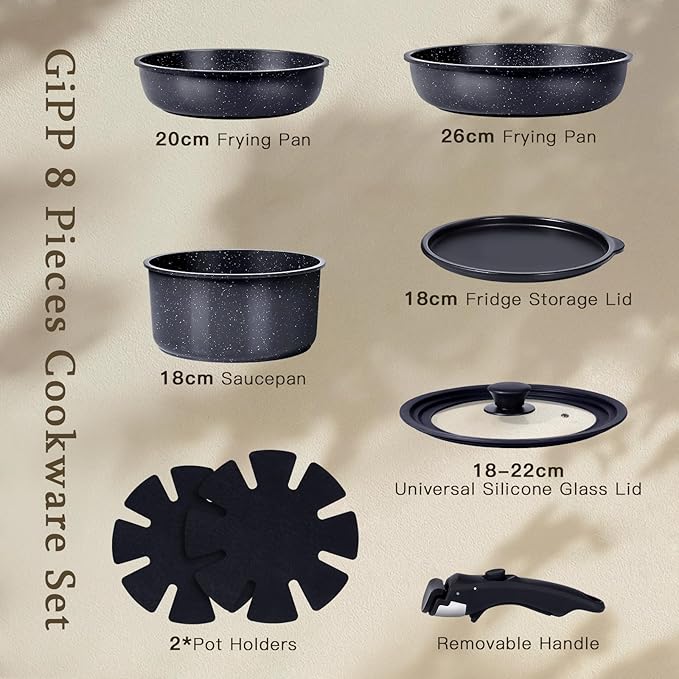 GiPP Ceramic Non Stick Pots and Pans Set,Nonstick Detachable Handle Cookware Sets,Healthy Non Toxic PFAS PFOA & PTFE Free, Dishwasher ＆Oven Safe, Induction Kitchen Pot and Pan, 8 Piece Grey