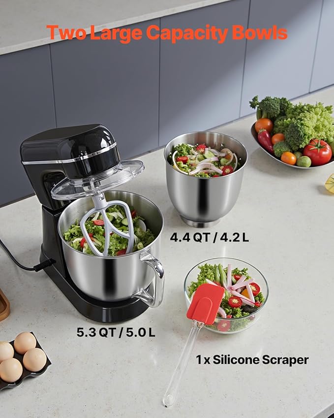 VEVOR Stand Mixer, 5.3QT + 4.4QT Two Stainless Steel Bowls, 10+P Speeds Tilt-head Food Mixer, Kitchen Mixer with Dough Hook, Wire Whip, Beater, Scraper, Household Stand Mixer for Baking Mixing, Black