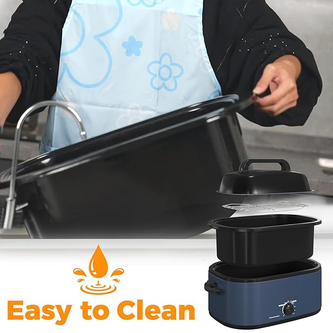 22 Quart Roaster Oven with Viewing Self-Basting Lid, Large Electric Turkey Roaster Oven with Defrost & Warm Function, Adjustable Temperature, Removable Pan & Rack, Stainless Steel, Blue