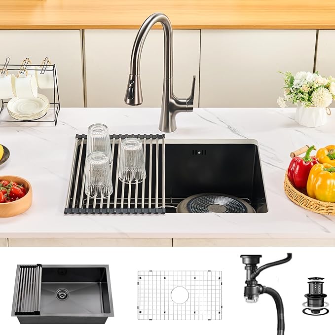 33 Inchs Undermount Kitchen Sink,33 x 19 x 9 Inch Black-Grey Single Bowl Sinks,16 Gauge Stainless Steel Nano Black Sinks with Accessories for Workstation, Prep Kitchen, Bar Sink Drop-in