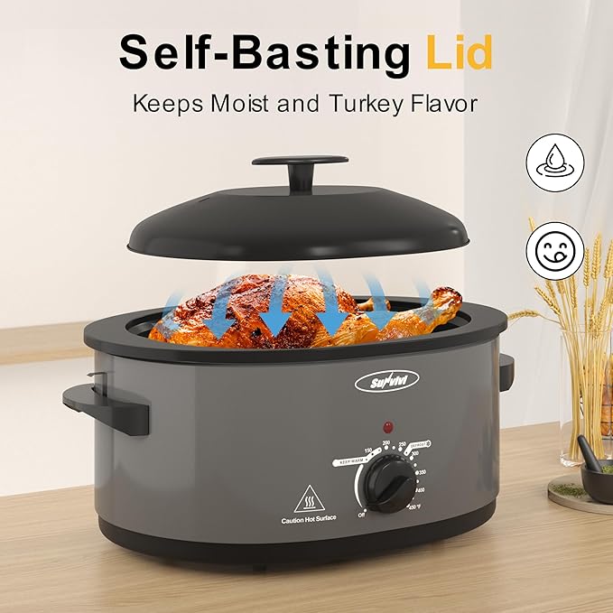 Sunvivi Roaster Oven with Self-Basting Lid, Electric 8-Quart Turkey Roaster Oven with Removable Pan and Rack, Stainless Steel, Gray