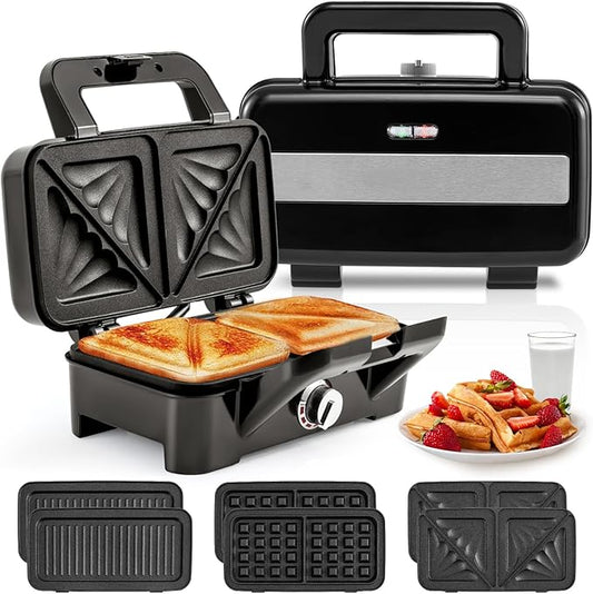 KOTEK 3 In 1 Sandwich Maker, Waffle Maker with Removable Plates, 5-Gear Temperature Control, Non-Stick Coating, Cool Touch Handle & Indicator Lights, Panini Press for Breakfast, 1200W