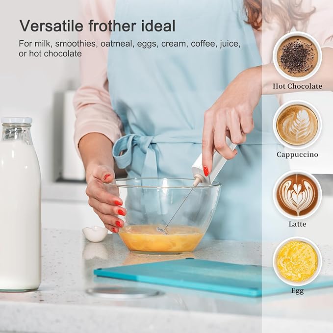 Powerful Electric Milk Frother, Battery Operated Drink Blender, Foam Maker Mixer, Milk Frother Handled for Coffee, Latte, Matcha, Protein Powder (White)
