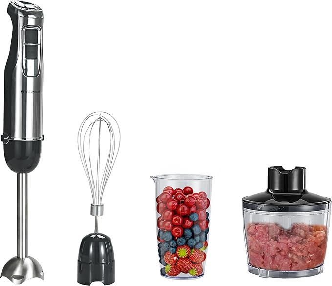 4-in-1 Immersion Hand Blender, 500W Stainless Steel Stick Blender with 6-Speed, Turbo Mode, BPA-Free Food Chopper, 600ml Beaker & Whisk