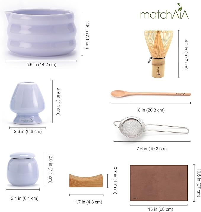 Matcha Whisk Set - Ceramic Bowl, Bamboo Whisk with Holder, Storage Canister, Sifter, Schima Spoon with Rest, Tea Towel - 8 Pcs Complete Kit for Traditional Matcha and Modern Lattes (Purple)