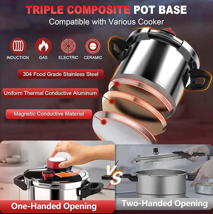 18/8 Stainless Steel Pressure Cooker 10 Quart, [One-Hand Locking] Pressure Cooker, [3-In-1] Olla de Presion, Induction Compatible, Gas Stovetop Compatible,Includes Glass Lid & Steamer Rack