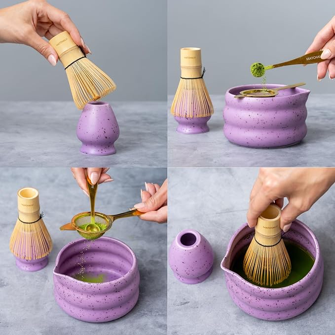 Matcha Whisk Set With Ceramic Matcha Bowl, Bamboo Whisk & Holder, Stainless Steel Spoon & Sifter, Glass Cup & Straw, Electric Frother, Storage Bag - Gift for Matcha Lovers (Premium 9-Piece Set Purple)
