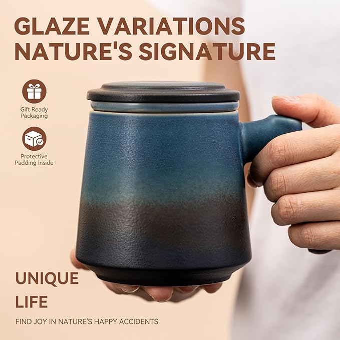 Tea Cup with Infuser and Lid 12.5oz - Kiln-Transformed Ceramic Mug with Antique Blue Gradient, Wood Handle Loose Leaf Tea Set, Anniversary Birthday Gift
