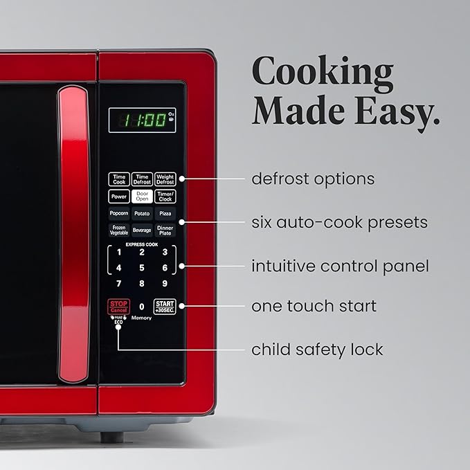 Farberware 1.1 Cu. Ft. Countertop Microwave Oven – 1000 Watts Power, Auto Cook Settings, Defrost, Easy Clean and Child Safety Lock - Metallic Red