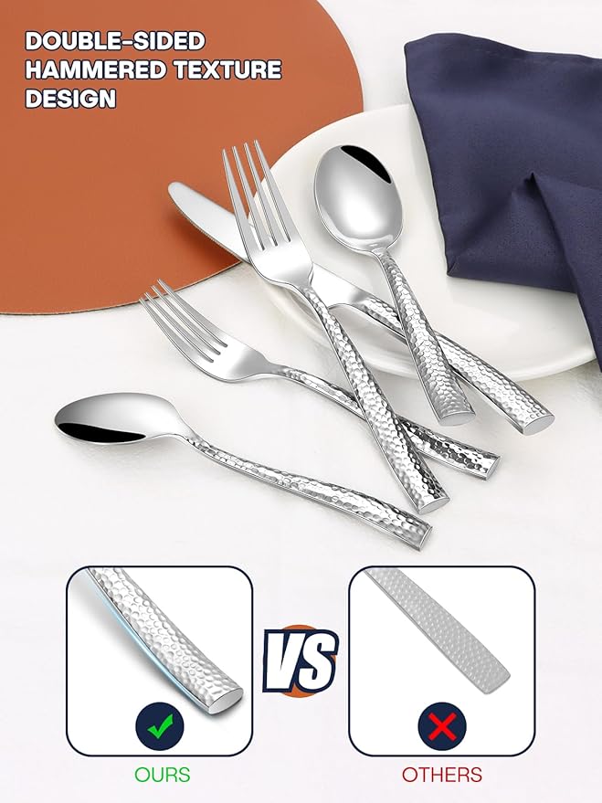 Stapava 40 Pcs Hammered Silverware Set for 8, Mirror Stainless Steel Flatware Cutlery Set, Include Knifes Forks and Spoons Silverware Set, Dishwasher Safe Utensils Set for Home Hotel