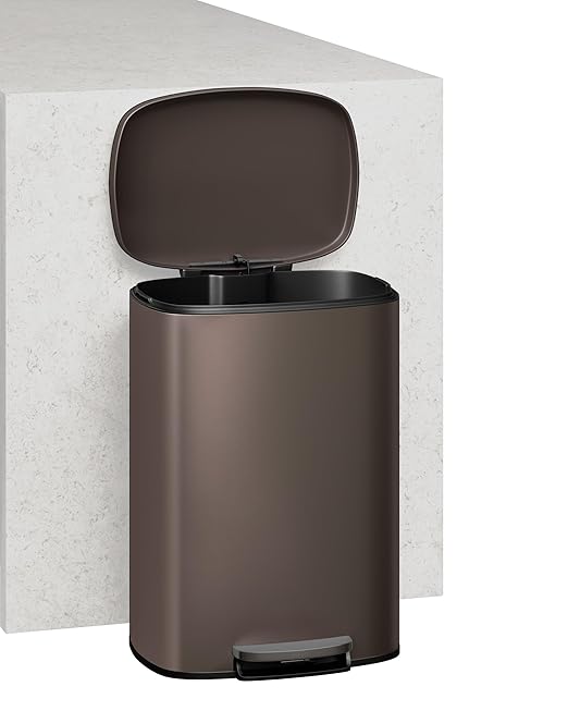 Garvee 13 gal (50 L) and 2.6 gal (10 L) Metal Trash Can Combo Set, Rustproof Garbage Can with Lid, Step-on Trash Bin with Inner Bucket, Rear Handle, Brown