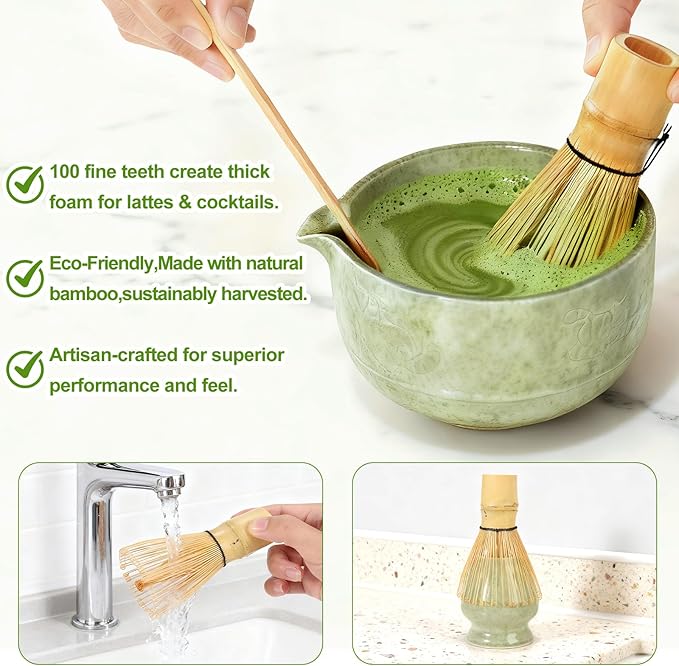 7Pcs Matcha Whisk Set,Ceramic Matcha Tea Set Includes Whisk Matcha Bowl Scoop and Whisk with Holder Sifter Towel,Elegant Matcha Kit Gift for Matcha Enthusiasts and Tea Lovers(Matcha Green)
