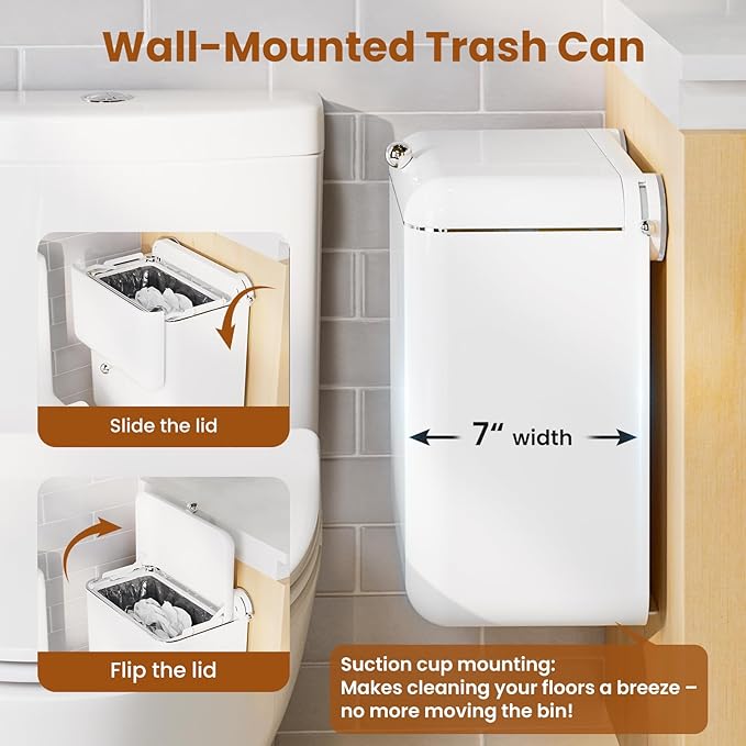 7-Piece White Bathroom Set with Suction Wall Trash Can - Space Saving Organizer Kit with Toilet Brush Holder, Liquid & Foam Soap Dispenser, Toothbrush Holder & Soap Dish for Bathroom Kitchen