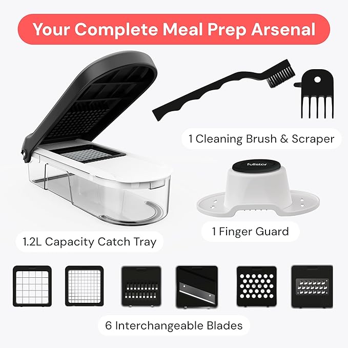 Fullstar Mandoline Slicer for Kitchen - Vegetable Chopper, Onion Potato Food Veggie Fruit Slicer and Cutter with Container, Kitchen Gadgets & Accessories, Home Essentials (6-in-1, White/Black)