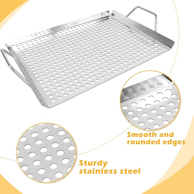 11 x 14 Inch Nonstick Grill Tray with Handles,Perforated Stainless Steel Grill Pans for Outdoor Grill,Heavy Duty Grilling Accessories for Charcoal/Gas Grills,Easy to Use and Clean (11 * 14)