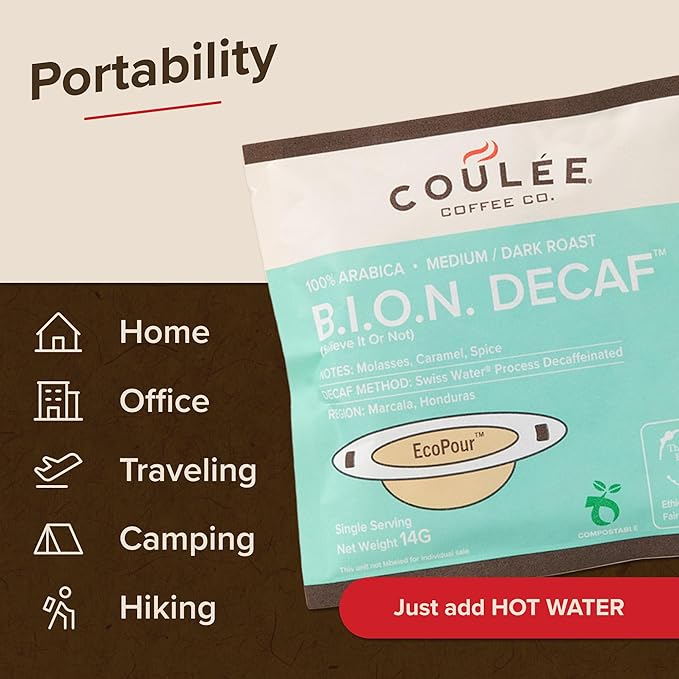 Coulée EcoPour B.I.O.N. Coffee, Single Serve Pour Over Decaffeinated Coffee, for Camping or Traveling, Pre Filled Compostable Filters, Ready to Brew with Hot Water, 20 Pack