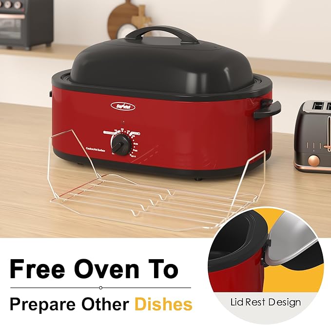 Roaster Oven, Electric Roaster Oven with Viewing Lid, Large Roaster with Removable Pan & Rack, Turkey Roaster with Unique Defrost/Warm Function, Stainless Steel, Red, 20QT