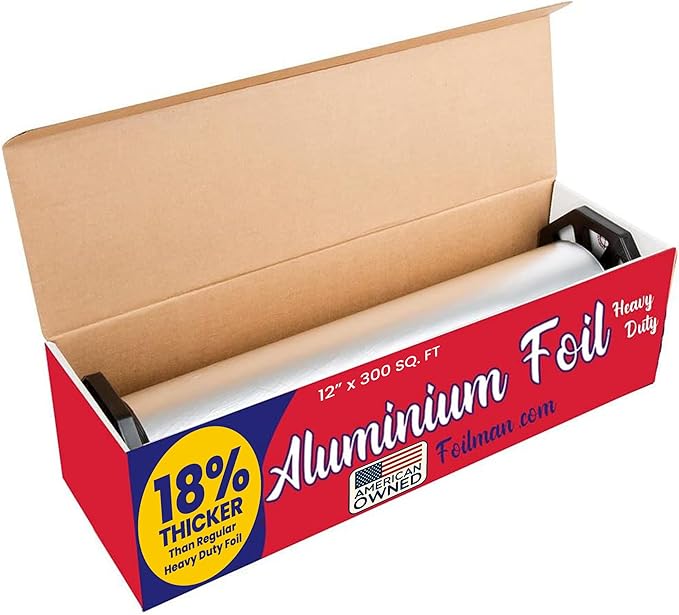 Foilman Thick & Heavy Duty Aluminum Foil Roll with Sturdy Corrugated Cutter Box, Food Safe Cling Wrap for Cooking, Baking, Roasting, Grilling, Freezer Storage - Durable Kitchen Use - 12 in x 300 sq ft