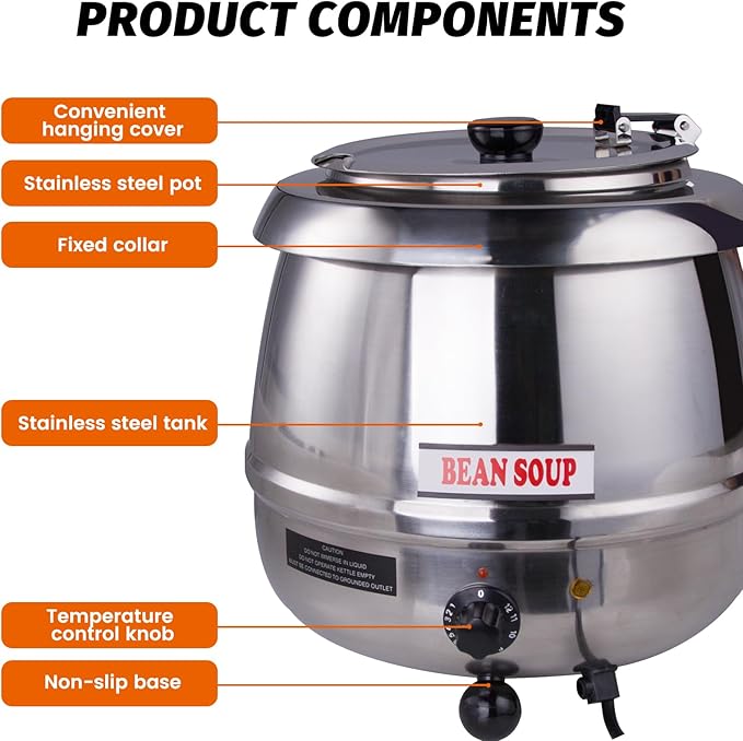 10.5Qt Soup Warmers Commercial Soup Kettle Warmer with Hinged Lid and Detachable Stainless Steel Pot, Food Warmer for Parties, Buffet - Silver