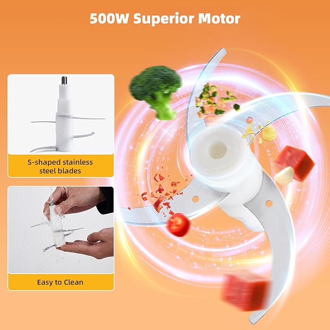 Food Processor,Electric Food Chopper with 500W Stainless Steel Motor & 4 Sharp Blade Sets,8-Cup Glass Bowl for Meat, Vegetables, Fruits and Nuts