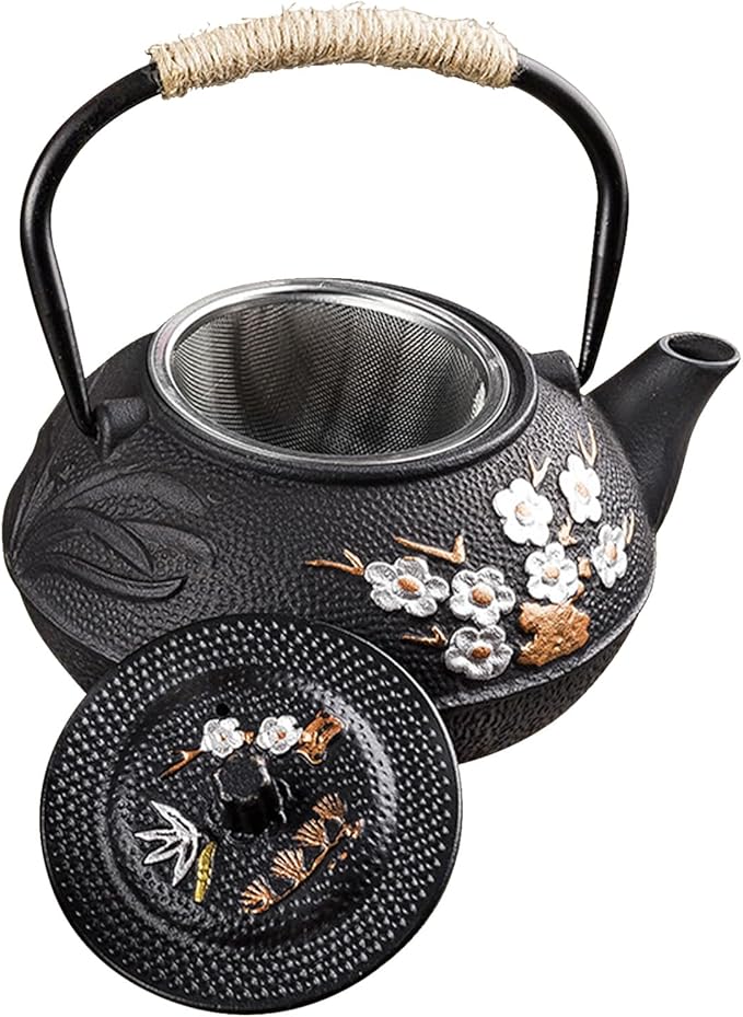 Japanese Cast Iron Teapot, Cast Iron Tea Kettle with Infuser, Plum Blossom Cast Iron Tea Pot for Stovetop Safe Coated with Enameled Interior 27.05oz/800ml