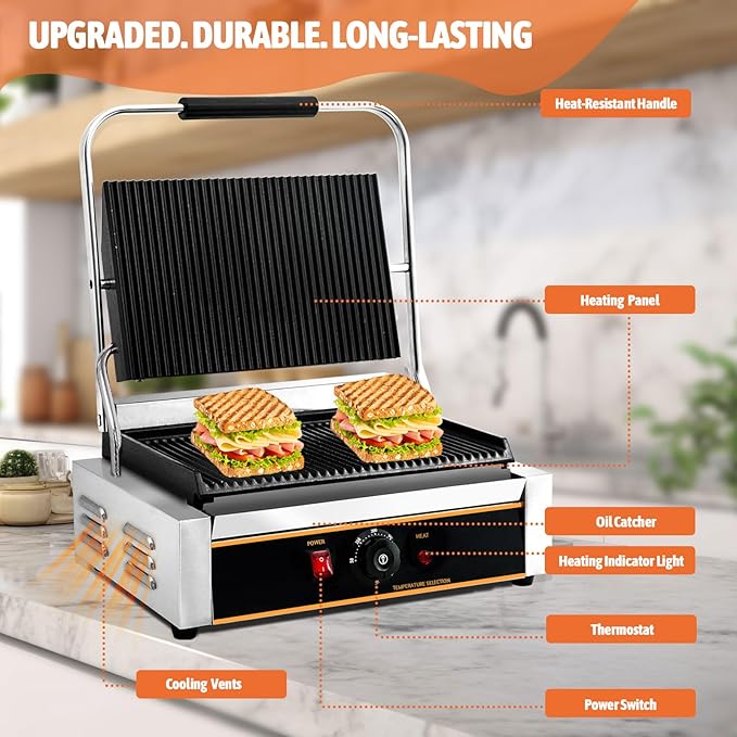 Commercial Panini Press Grill 2200W Countertop Electric Sandwich Maker with Adjustable Temp Control, Grooved Plates Grill, for Burgers Steaks Panini