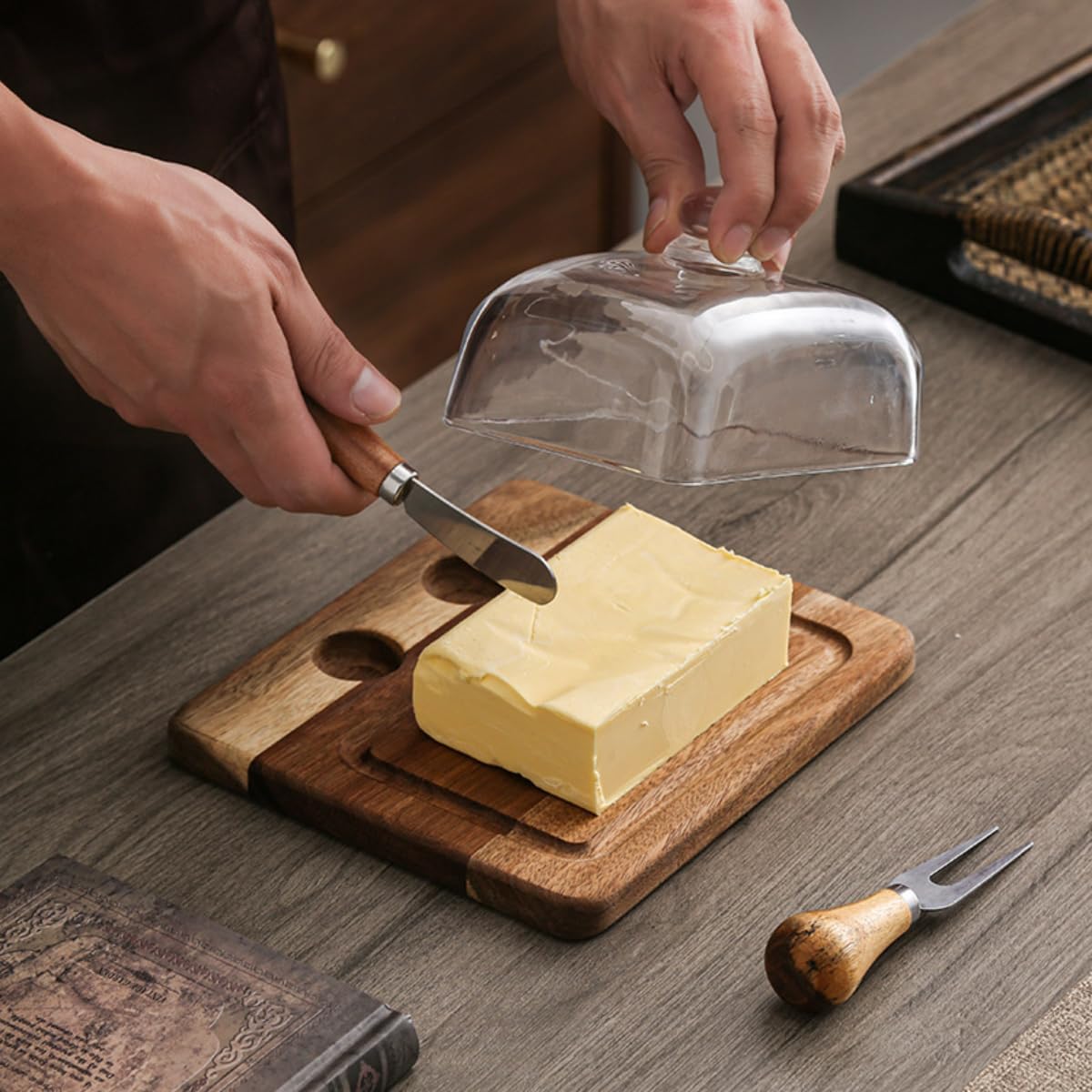 Acacia Wood Butter Dish with Knife and Glass Cover for Cheese, Butter, Cake, Dessert Serving Tray Elegant Kitchenware (2 knifes)